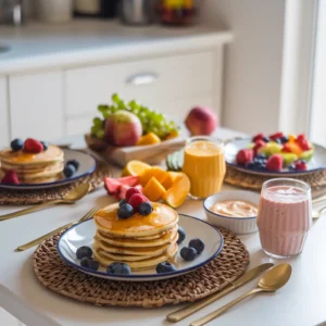 A beautifully set breakfast table featuring a stack of gluten-free dairy-free pancakes topped with fresh blueberries and raspberries, served with fruit smoothies and fresh fruit platters.