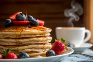 A stack of golden gluten-free and dairy-free pancakes topped with fresh berries and maple syrup.