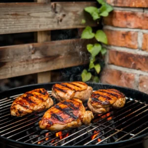 Chicken breasts grilling with char marks and smoky flavors.