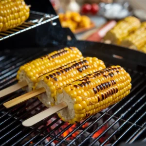 Grilled corn on the cob with charred kernels.