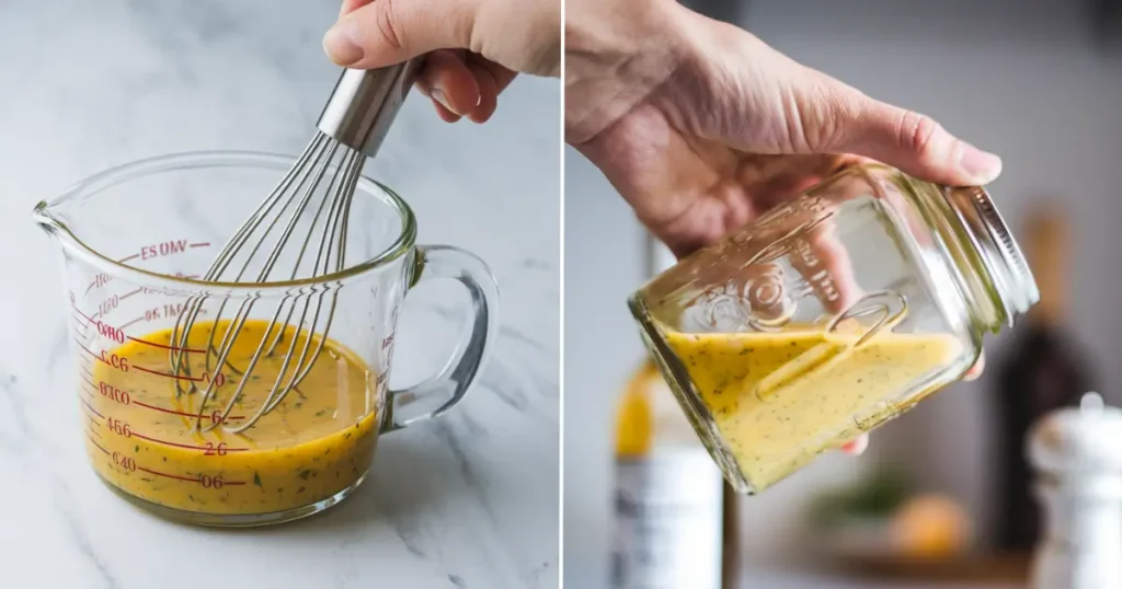 "Whisking white balsamic vinaigrette to create a smooth, glossy texture.