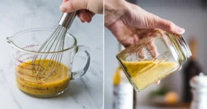 "Whisking white balsamic vinaigrette to create a smooth, glossy texture.