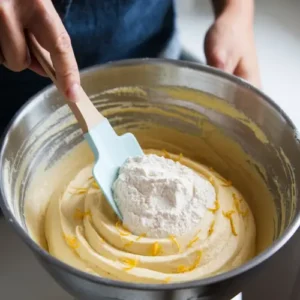 Folding dry ingredients into the lemon olive oil cake batter with a spatula.