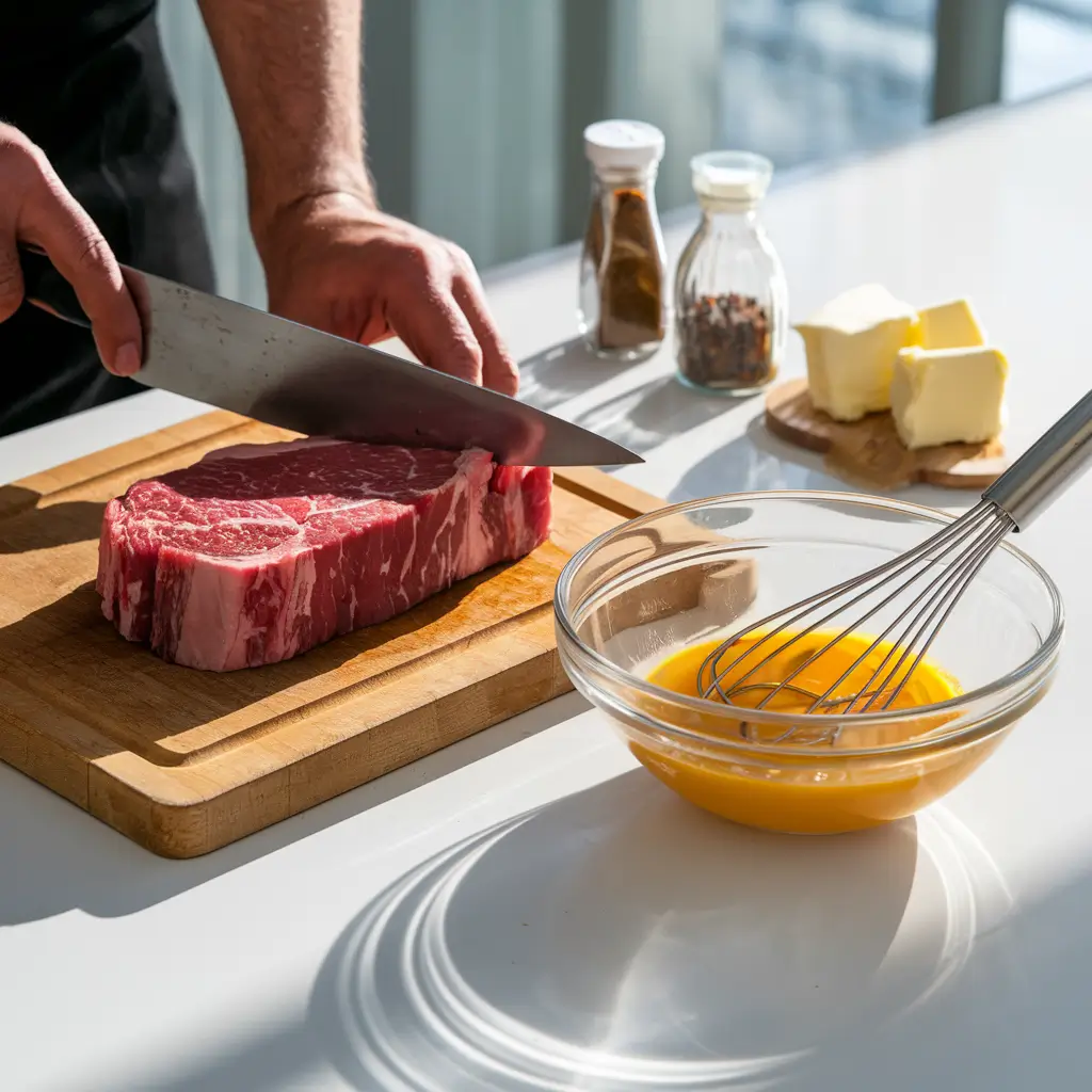 Chopping meat and whisking eggs for a carnivore breakfast on a clean countertop.