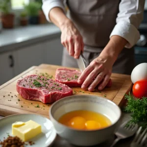 Chopping meat and whisking eggs for a carnivore breakfast on a clean countertop.