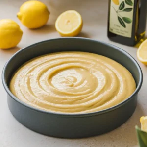 Cake batter poured into a round pan, ready to bake.