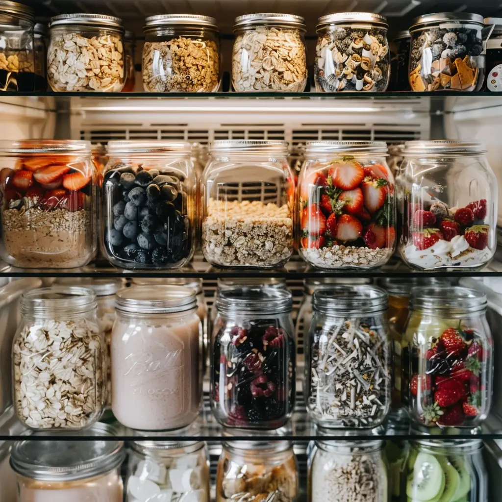 Glass jars filled with gluten free dairy free breakfast ingredients such as oats, fresh berries, yogurt, and smoothies neatly arranged on refrigerator shelves for easy meal prep.
