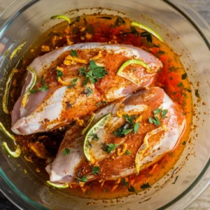 Chicken breasts marinating in a spicy lime and herb mixture.