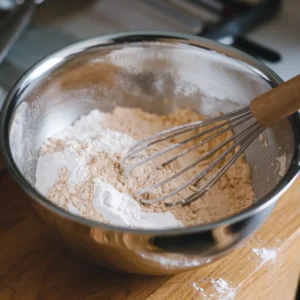 Mixing together the flour, baking soda, baking powder, and salt.