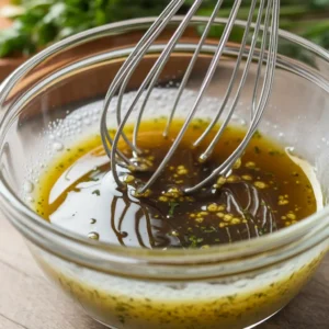 Pouring white balsamic vinegar into a mixing bowl with ingredients arranged nearby.