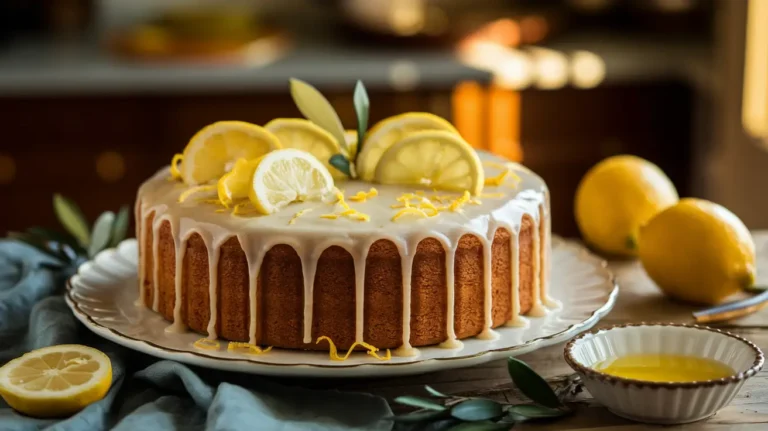 A whole lemon olive oil cake drizzled with glaze and garnished with lemon slices.