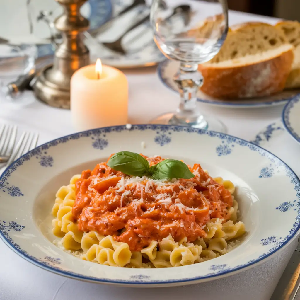 Pasta topped with roasted red pepper sauce and Parmesan.