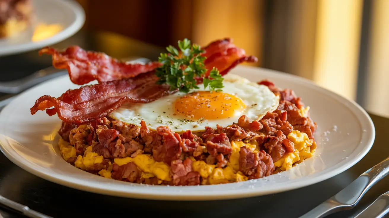 Perfectly plated carnivore breakfast with meat, eggs, and crispy bacon garnished with parsley.