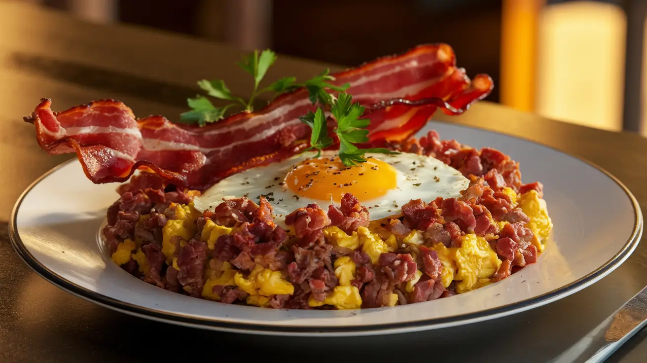 Perfectly plated carnivore breakfast with meat, eggs, and crispy bacon garnished with parsley.