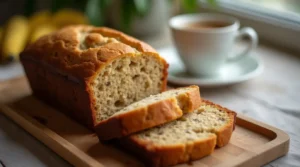 A freshly baked loaf of 4 ingredient banana bread, sliced on a wooden cutting board.