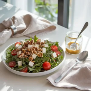 A fresh salad drizzled with white balsamic vinaigrette, with a jar of dressing on the side.