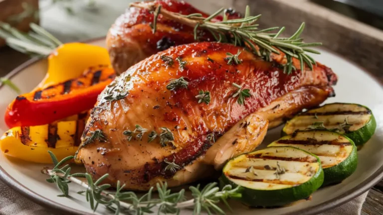 "Smoked chicken breast garnished with herbs and served with grilled vegetables.