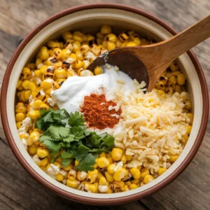 Mixing Mexican street corn salad with fresh ingredients.