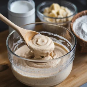 A mixing bowl with gluten-free dairy-free pancake batter being whisked.