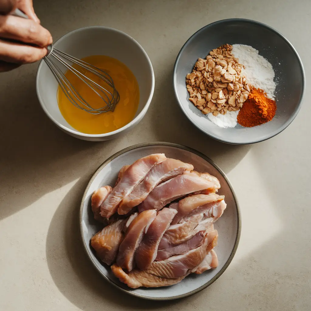 Bowls of whisked eggs, seasoned almond flour, and raw chicken strips ready for coating.