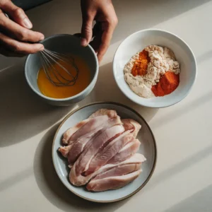 Bowls of whisked eggs, seasoned flour, and raw chicken strips ready for coating.