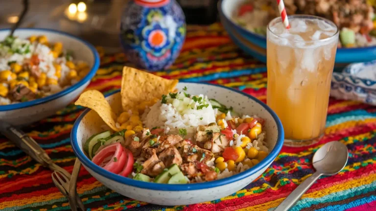 Street corn chicken rice bowl served with tortilla chips and a drink.