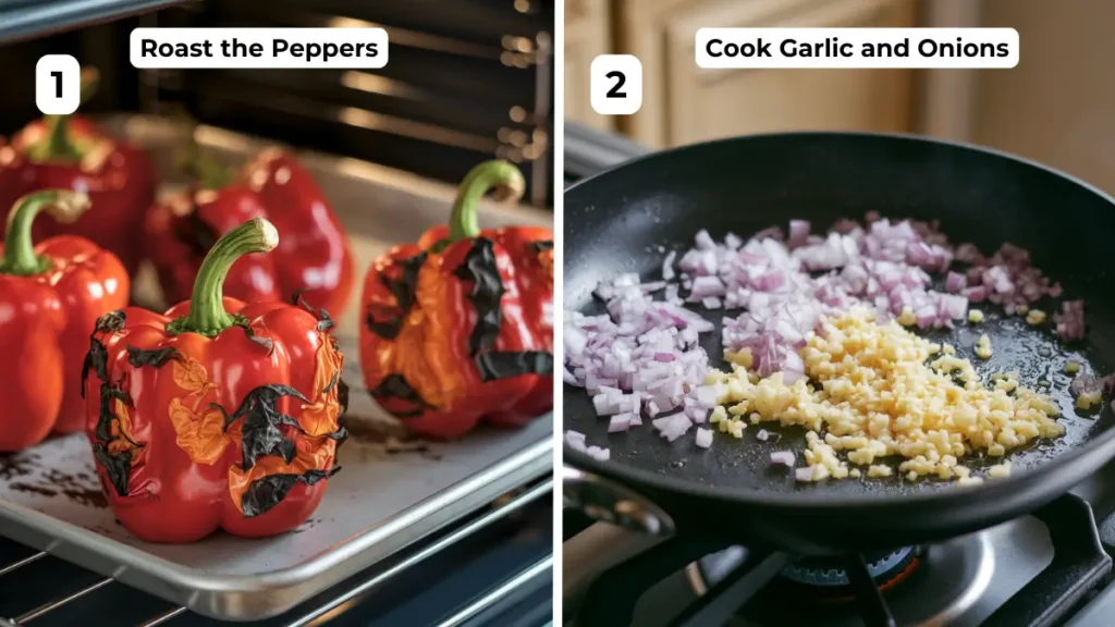 Red bell peppers roasting on a baking sheet alongside a skillet with garlic and onions sautéing in olive oil.