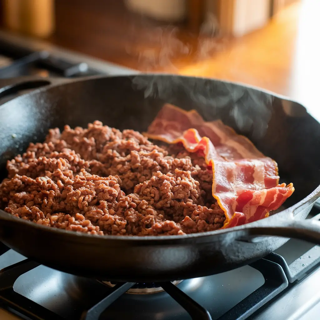 Sizzling ground beef and bacon cooking in a heavy skillet on a stovetop.