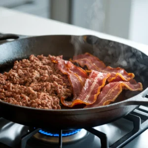 Sizzling ground beef and bacon cooking in a heavy skillet on a stovetop.