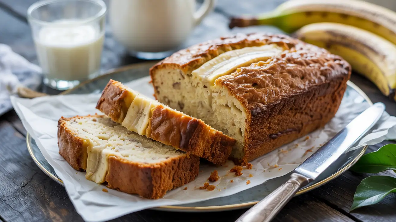 Freshly baked cottage cheese banana bread with slices revealing moist texture, alongside cottage cheese and ripe bananas.