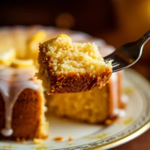 Close-up of a fork holding a moist bite of lemon olive oil cake.