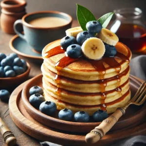 A stack of golden gluten-free and dairy-free pancakes topped with fresh blueberries, sliced banana, and a drizzle of maple syrup.