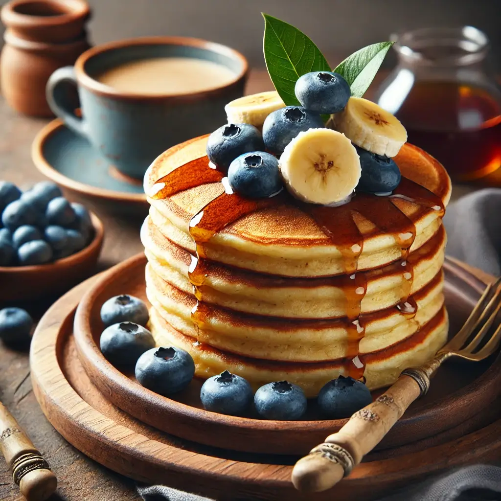 A stack of golden gluten-free and dairy-free pancakes topped with fresh blueberries, sliced banana, and a drizzle of maple syrup.