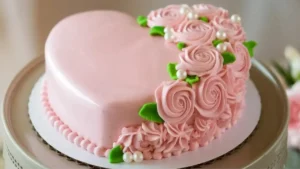 Heart-shaped cake decorated with floral pink frosting on a white plate.