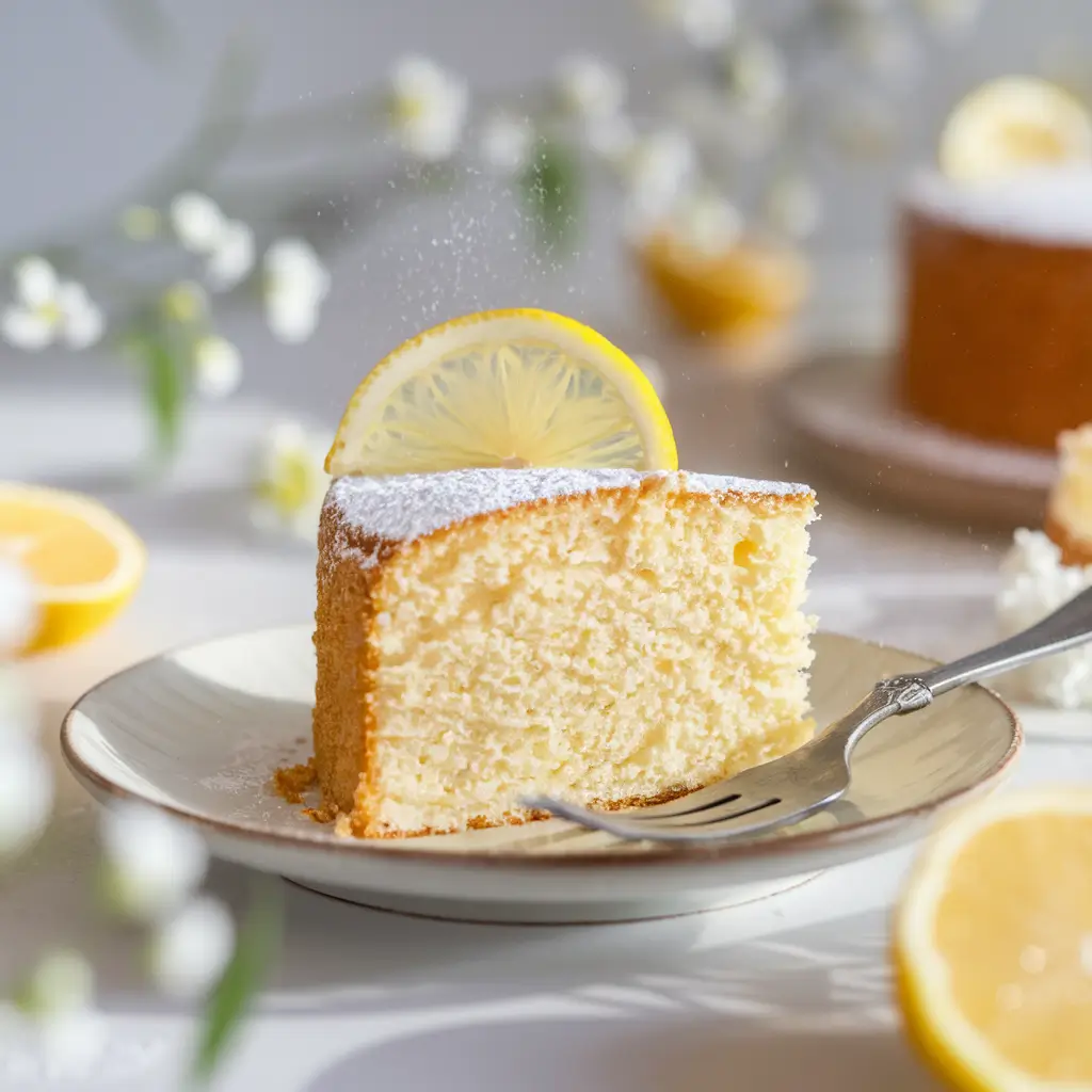 A slice of moist lemon olive oil cake topped with powdered sugar and garnished with a lemon slice, served on a ceramic plate.