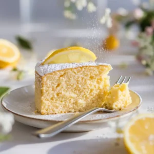 A slice of moist lemon olive oil cake topped with powdered sugar and garnished with a lemon slice, served on a ceramic plate.