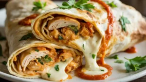 Cheesy garlic chicken wrap sliced in half with melty cheese and juicy chicken in a tortilla