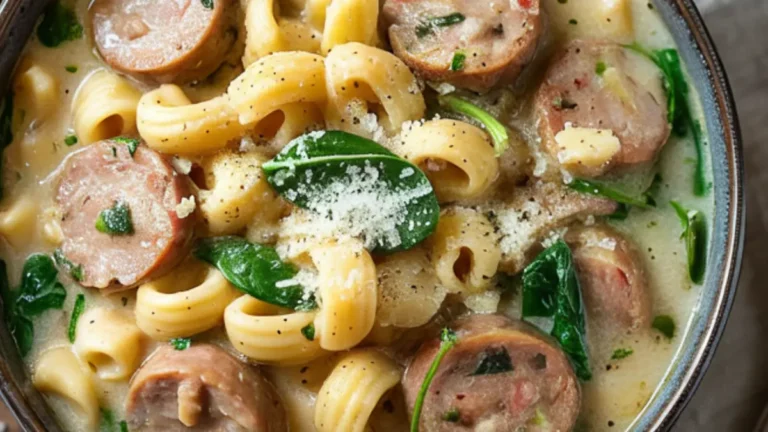 Bowl of creamy Parmesan Italian sausage soup with pasta and spinach, garnished with Parmesan.