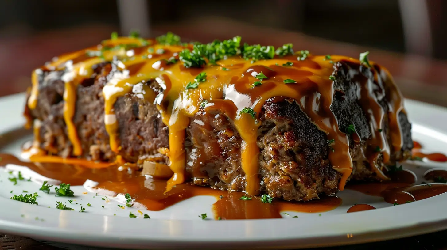 A close-up of juicy meatloaf made with Lipton onion soup mix, topped with golden brown gravy and fresh parsley.