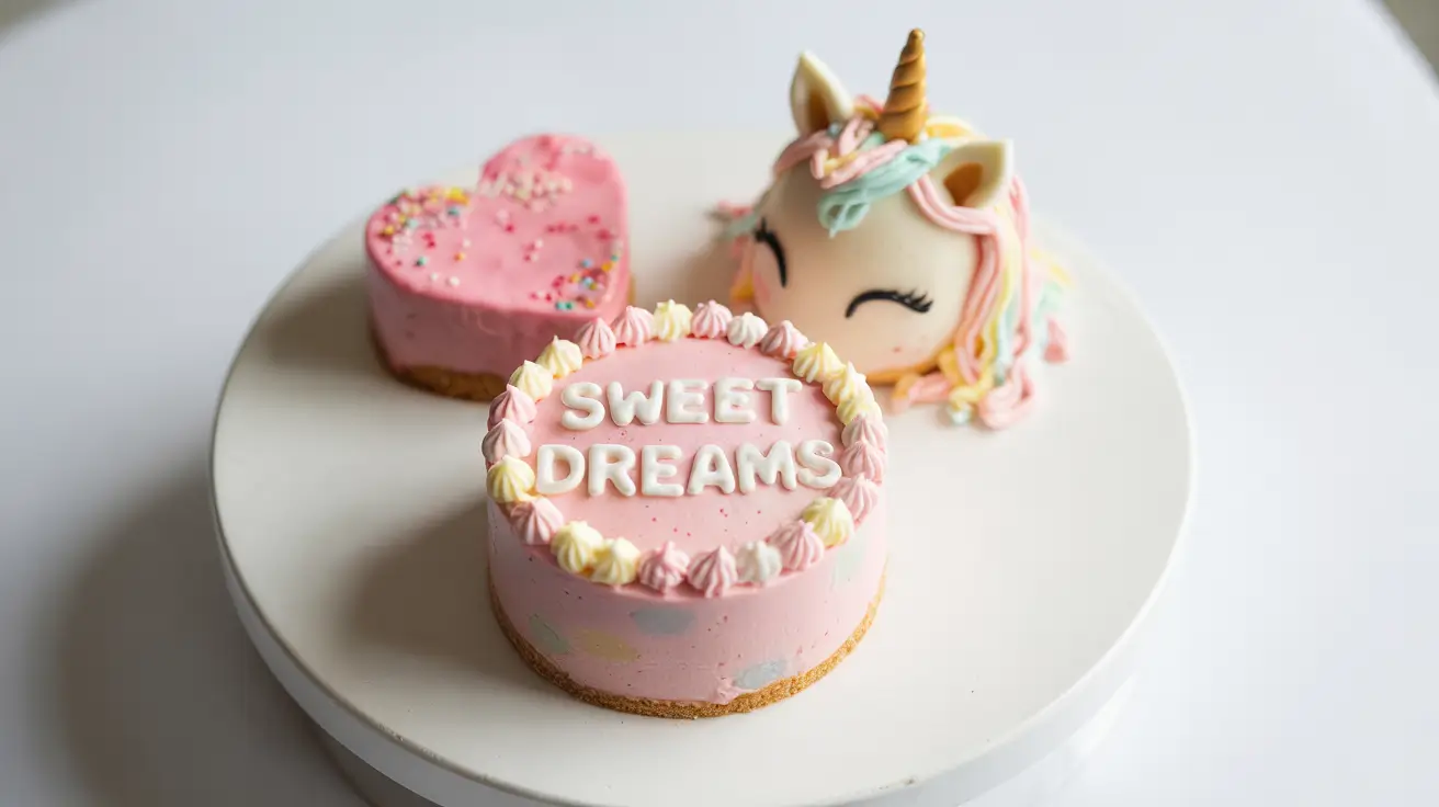 Three beautifully decorated mini cakes including a pastel bento cake, heart cake, and unicorn cake on a white surface.