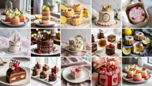 A colorful collage of mini cakes, bundt cakes, unicorn cake, chocolate desserts, and elegant crown-topped cakes arranged in a grid.