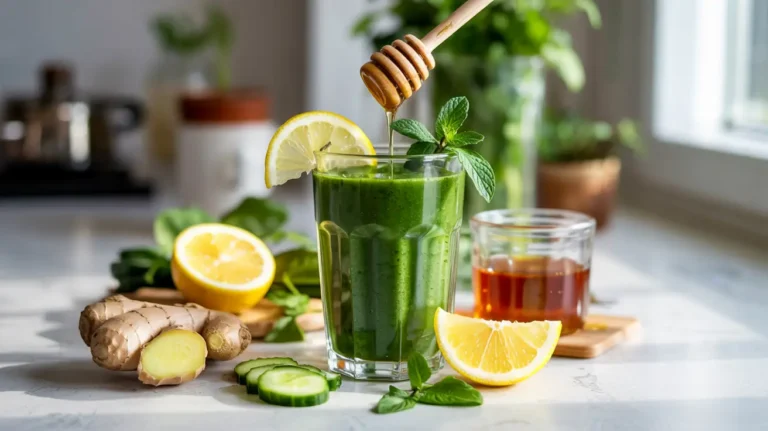 Green smoothie in a tall glass with mint and lemon garnish.