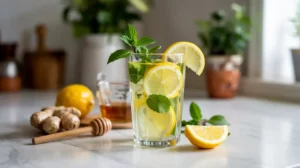 Glass of homemade Mounjaro drink with lemon, ginger, and cucumber for natural weight loss
