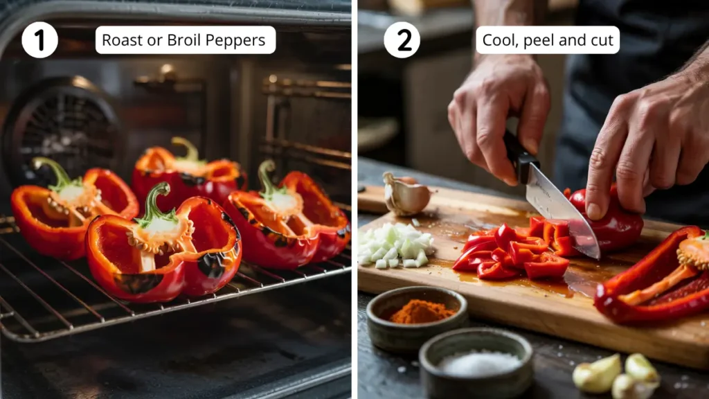 Halved red bell peppers charring in the oven, then diced on a board for roasted red pepper Gouda soup.