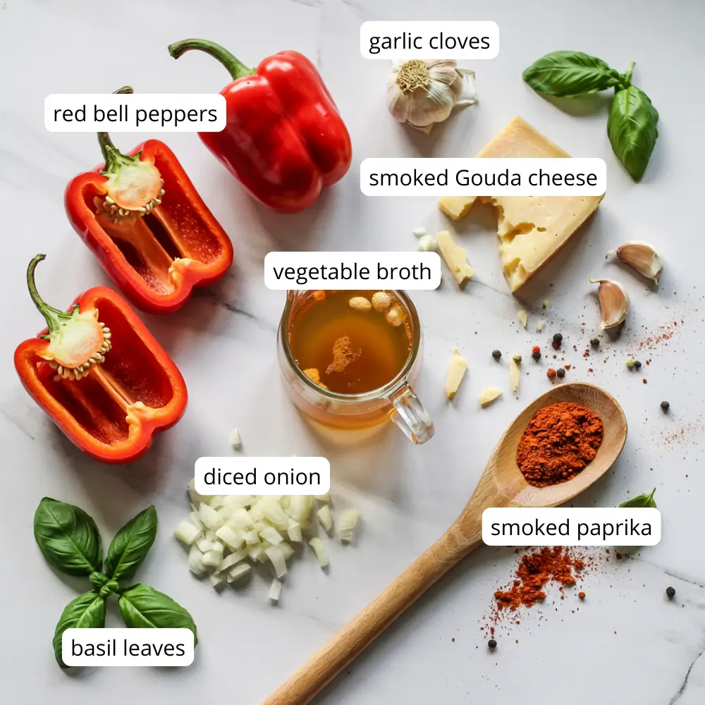 Key ingredients for roasted red pepper Gouda soup on a slate board.