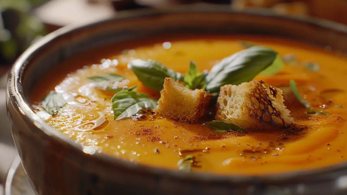 Roasted red pepper Gouda soup topped with basil and croutons.