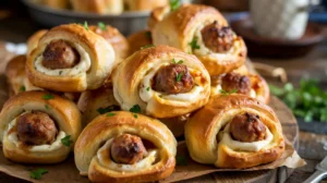 Golden flaky sausage cream cheese crescent rolls filled with creamy sausage mixture.