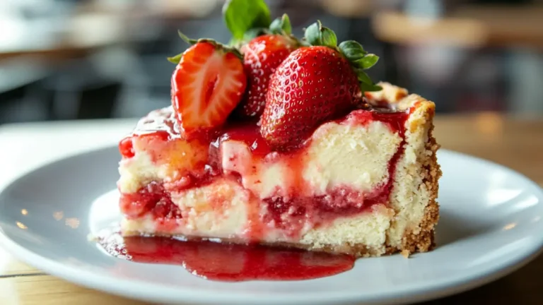 Strawberry cheesecake dump cake slice topped with fresh strawberries and strawberry sauce on a white plate.
