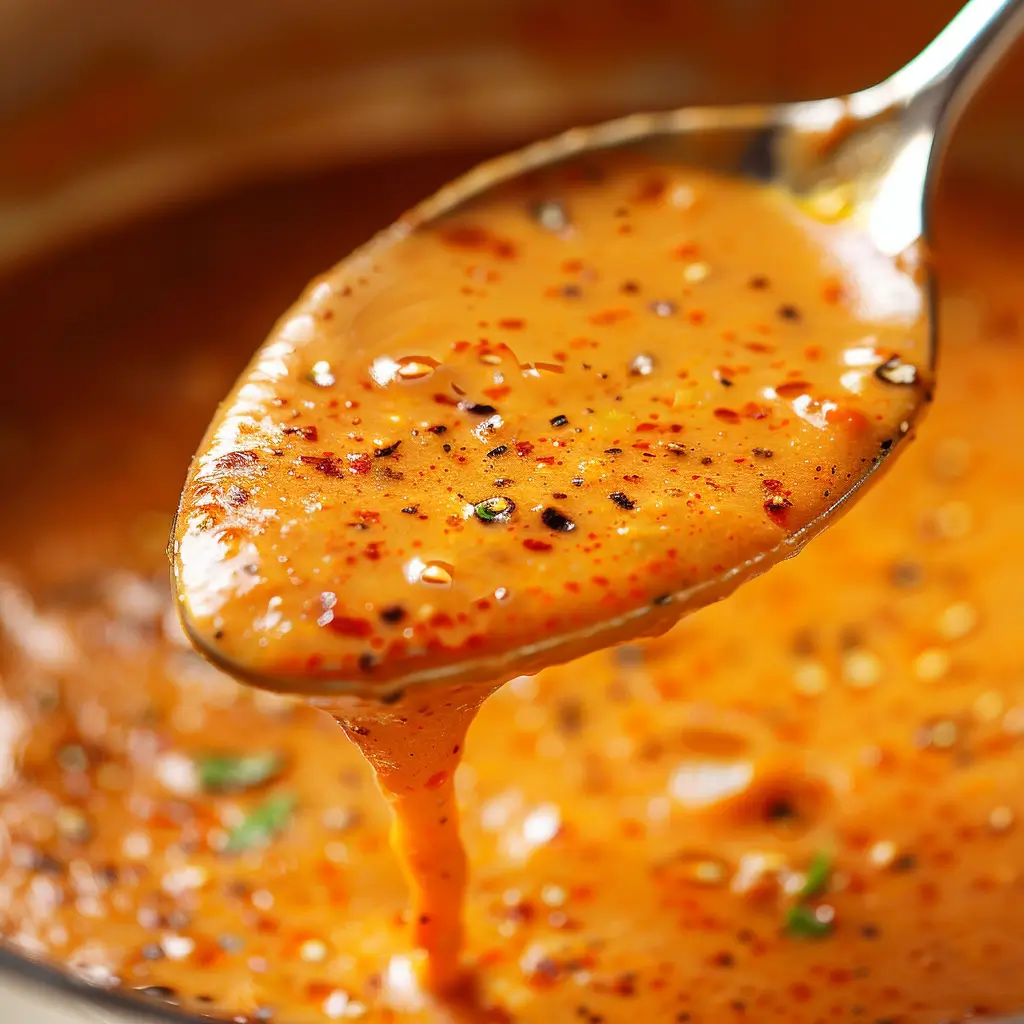 Close-up of a spoon lifting creamy roasted red pepper Gouda soup flecked with smoked paprika