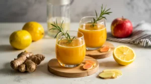 Two short glasses of bright turmeric-ginger apple drink with lemon, fresh ginger, and rosemary on a light kitchen counter.